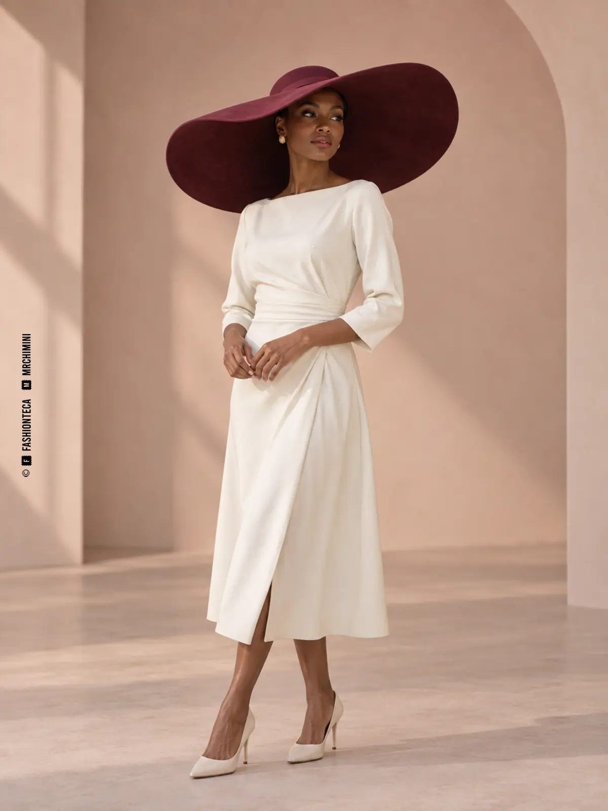 mujer con vestido crema y gran pamela color burdeos de ala muy ancha y ligeramente ondulada