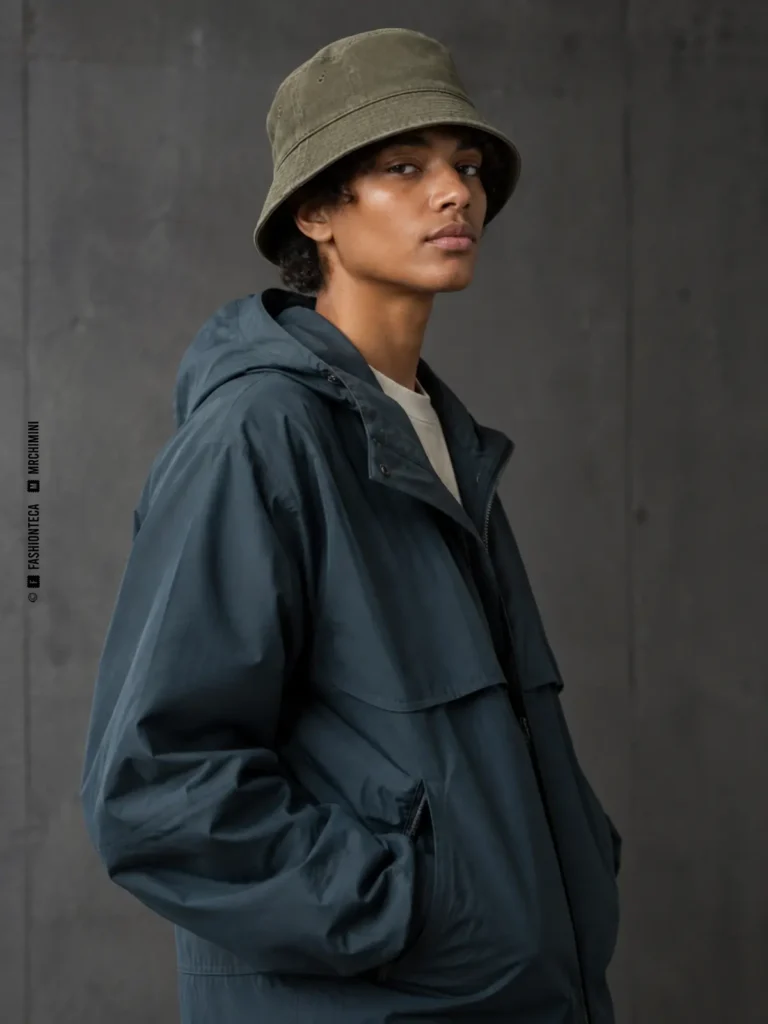 modelo con chaqueta técnica azul grisácea y sombrero bucket de sarga verde oliva con ala pespunteada hacia abajo