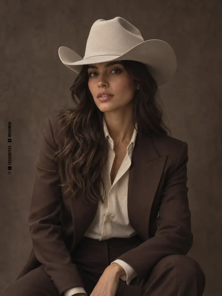 mujer con sastrería marrón y sombrero cowboy de fieltro color hueso con copa alta plegada y ala ancha curvada