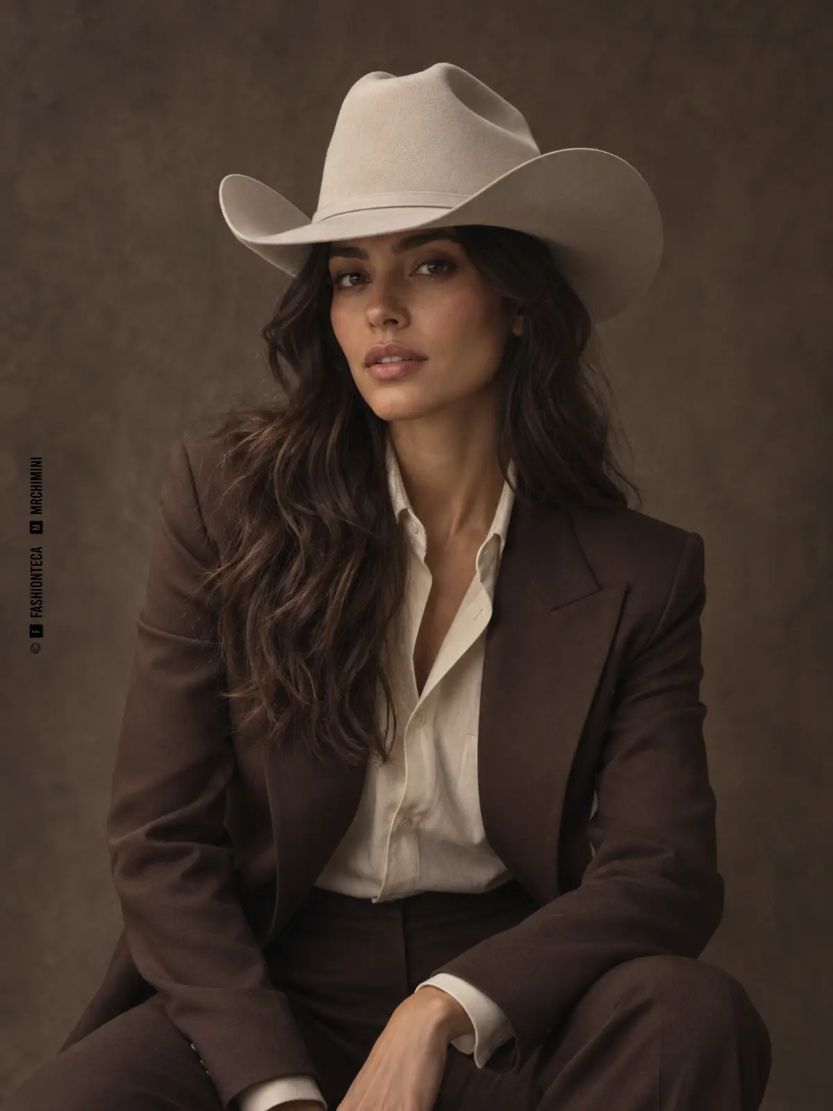 mujer con sastrería marrón y sombrero cowboy de fieltro color hueso con copa alta plegada y ala ancha curvada