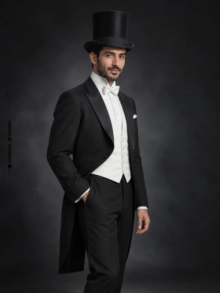 hombre con frac negro, camisa blanca y sombrero de copa negro de estructura rígida, tapa plana y ala curvada