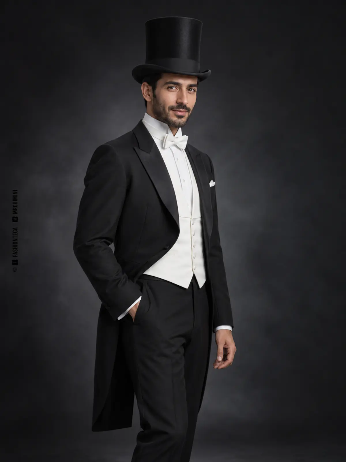 hombre con frac negro, camisa blanca y sombrero de copa negro de estructura rígida, tapa plana y ala curvada