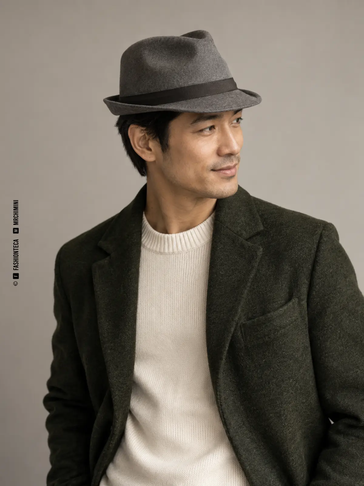 hombre con chaqueta verde bosque y sombrero trilby de fieltro gris, copa pellizcada y ala estrecha levantada detrás