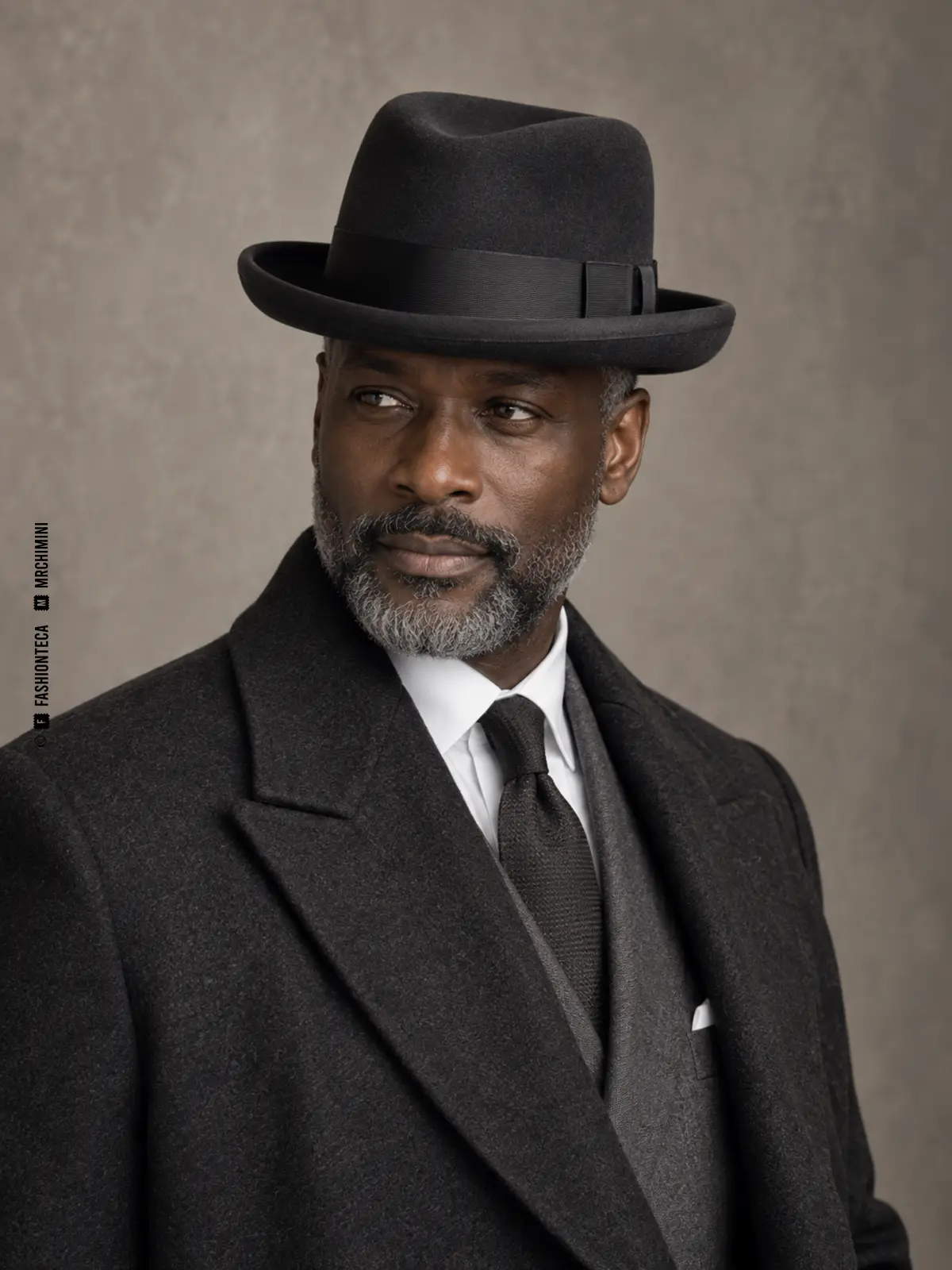 HOMBURG — FASHIONTECA™ hombre con sastrería gris carbón y sombrero Homburg oscuro con hendidura central y ala enrollada