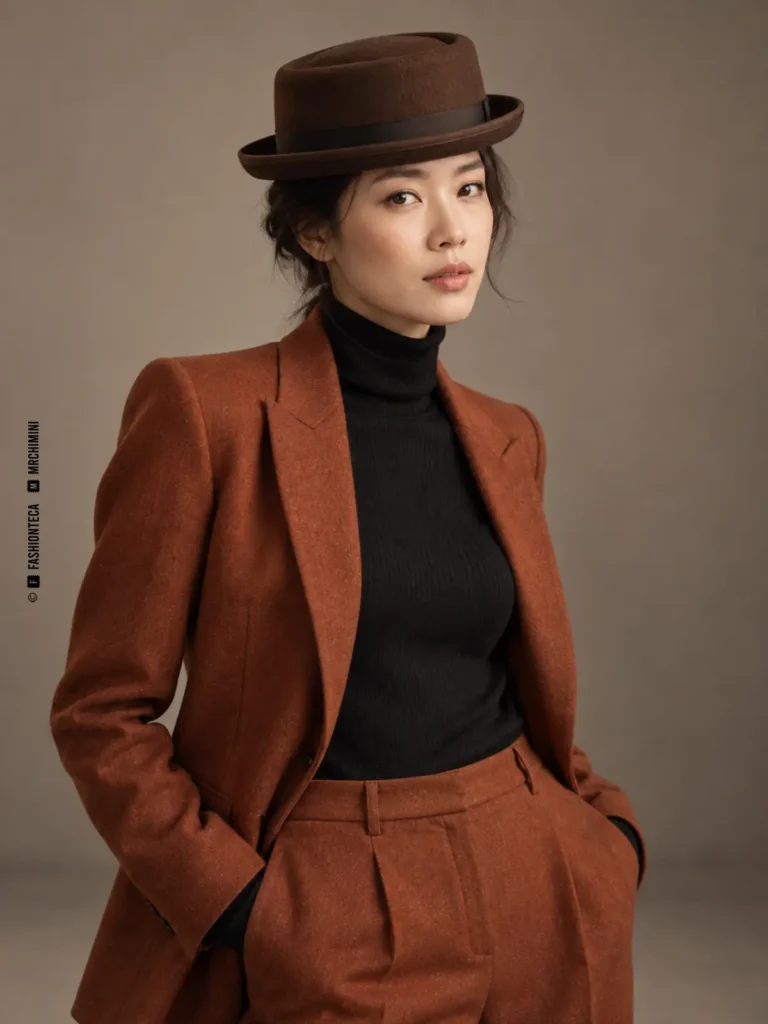 mujer con traje color óxido y sombrero pork pie marrón de copa baja telescópica y ala estrecha
