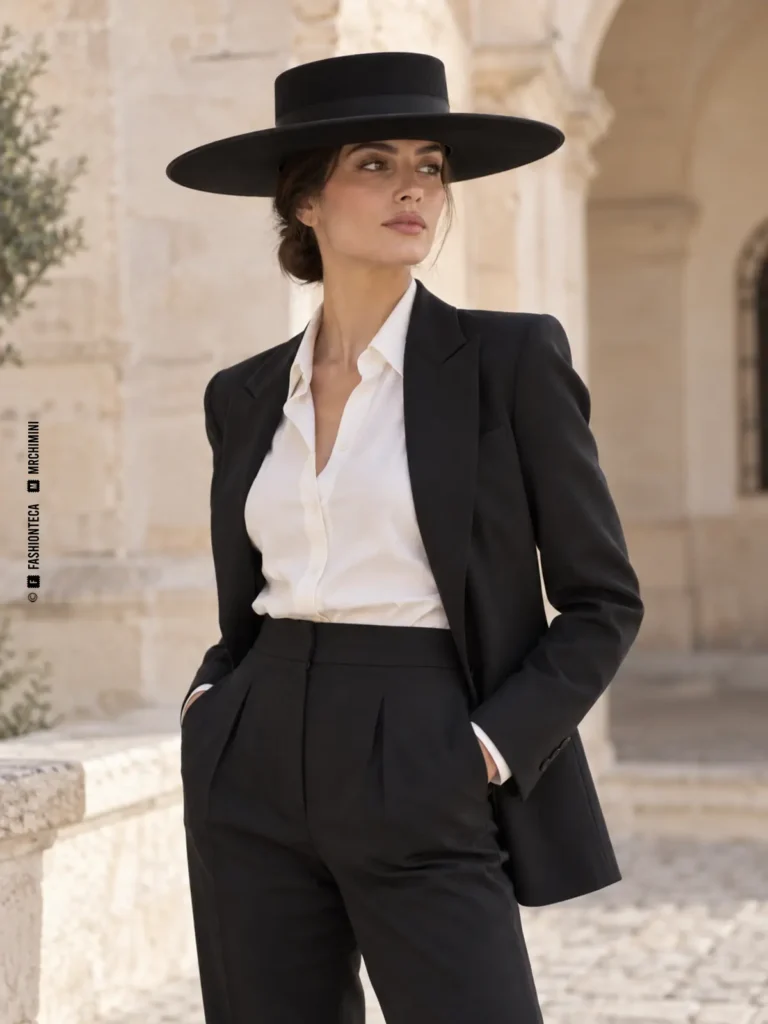 mujer con traje negro y sombrero cordobés negro de copa plana y ala muy ancha horizontal