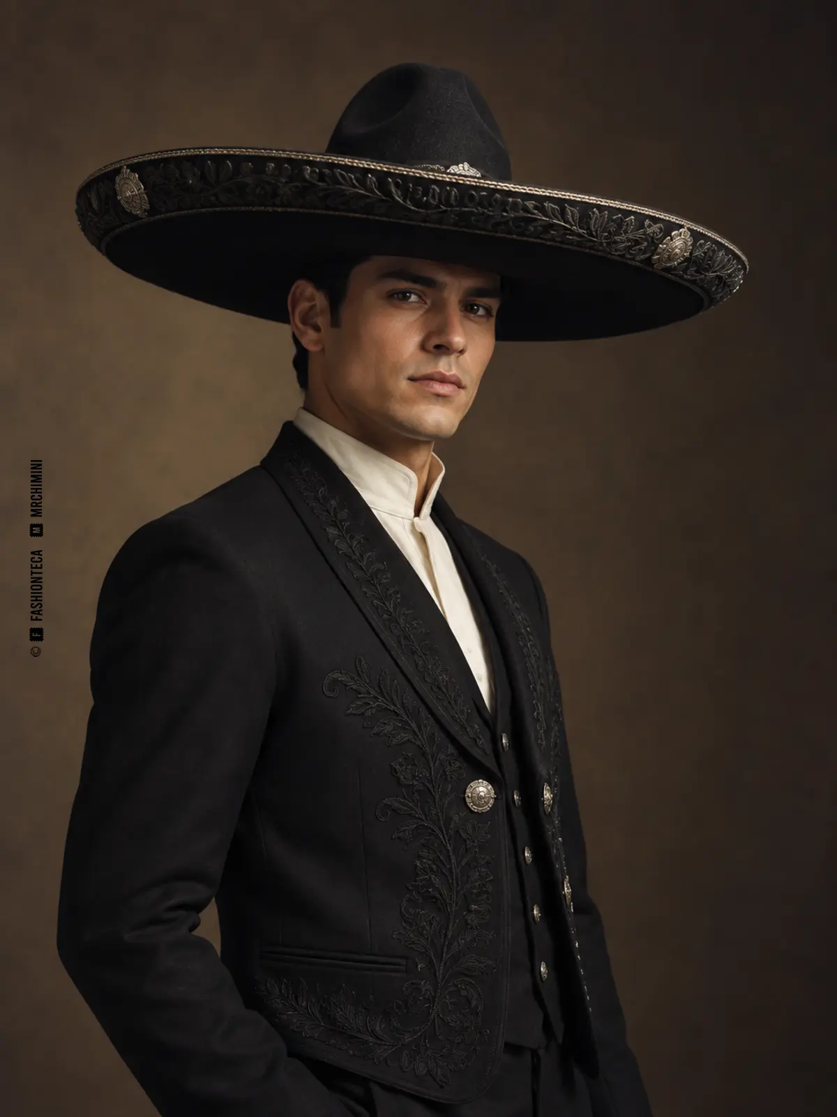 hombre mexicano con indumentaria negra sobria y sombrero charro de copa alta, ala muy ancha y bordado contenido