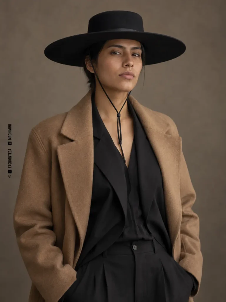 modelo con abrigo camel y sombrero gaucho negro de copa baja, ala ancha plana y barbiquejo