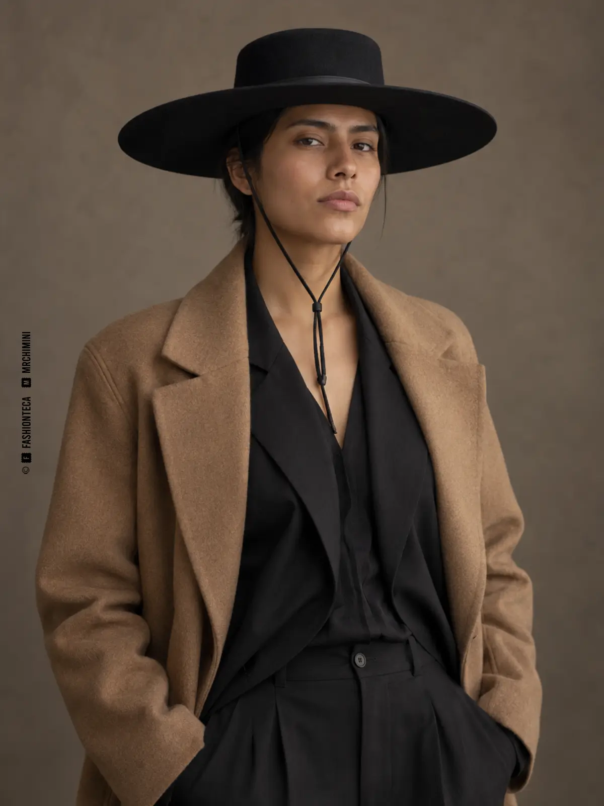 modelo con abrigo camel y sombrero gaucho negro de copa baja, ala ancha plana y barbiquejo