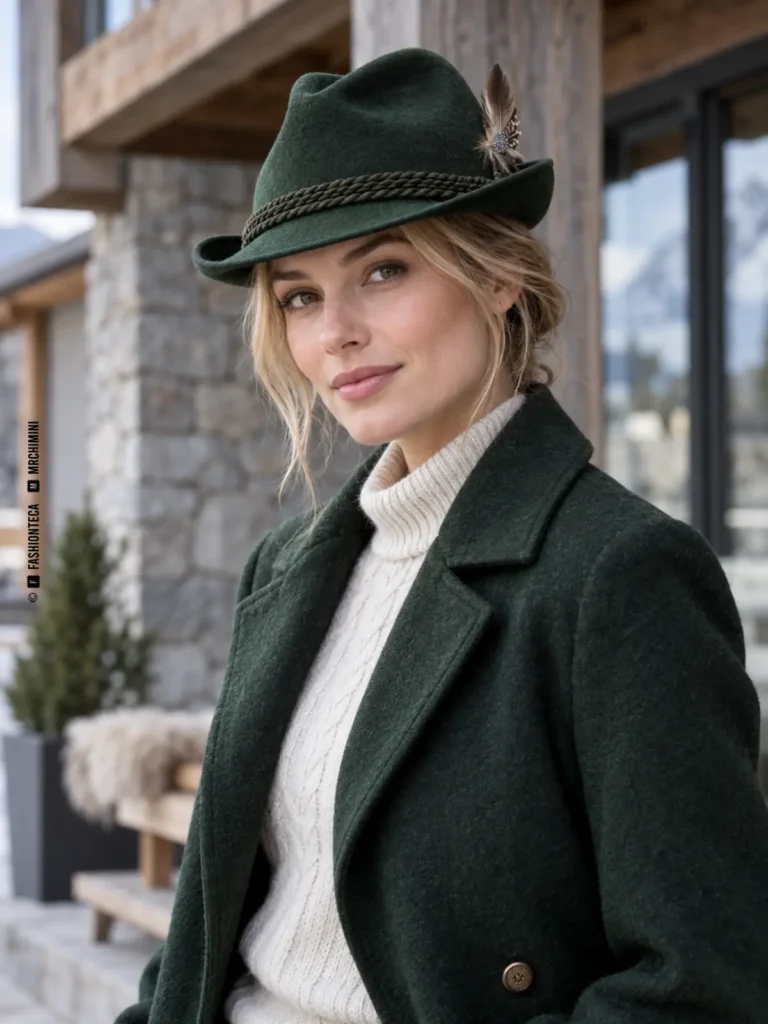 mujer con abrigo verde y sombrero tirolés de fieltro verde, ala levantada, cordón y pluma lateral
