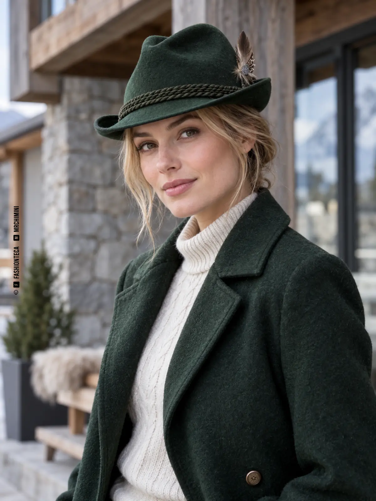 mujer con abrigo verde y sombrero tirolés de fieltro verde, ala levantada, cordón y pluma lateral