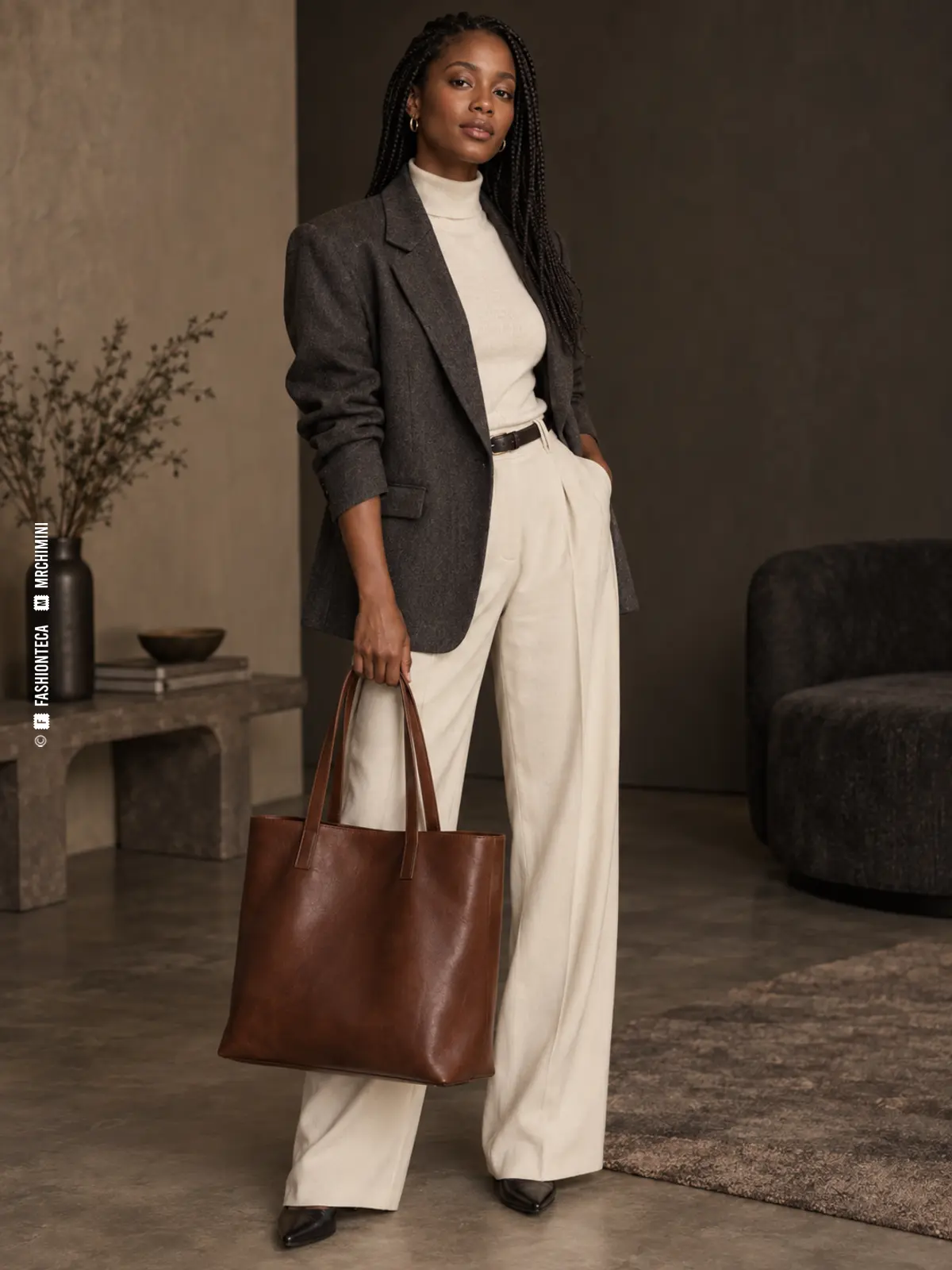 mujer con sastrería gris y crema llevando un bolso tote grande de piel color coñac con dos asas