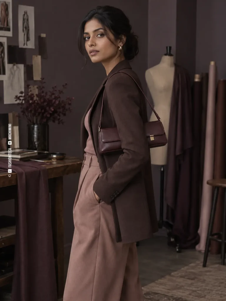 mujer con traje marrón y rosa llevando bajo el brazo un bolso baguette alargado color ciruela
