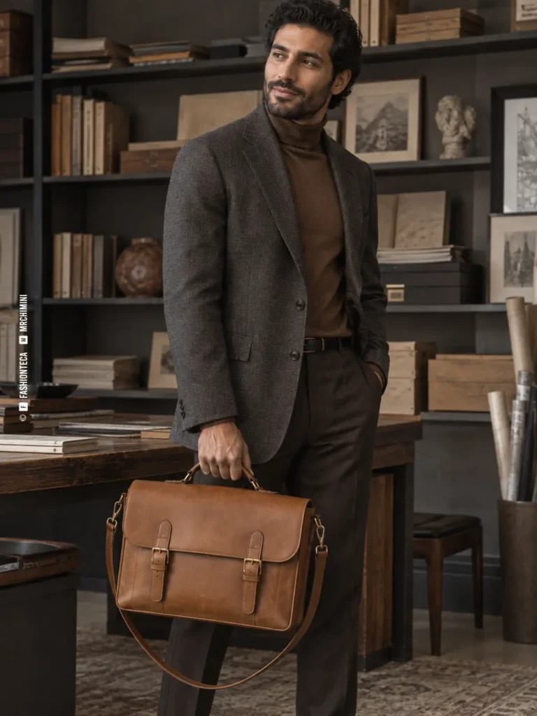 hombre con sastrería oscura llevando un bolso satchel de piel camel con solapa, dos cierres, asa y correa