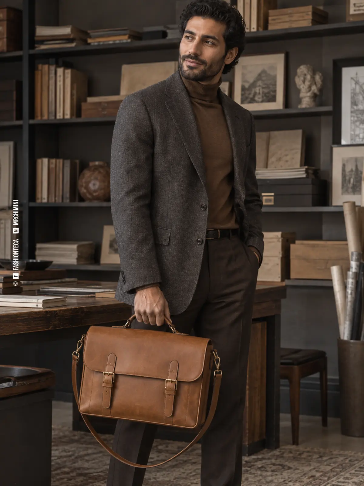 hombre con sastrería oscura llevando un bolso satchel de piel camel con solapa, dos cierres, asa y correa