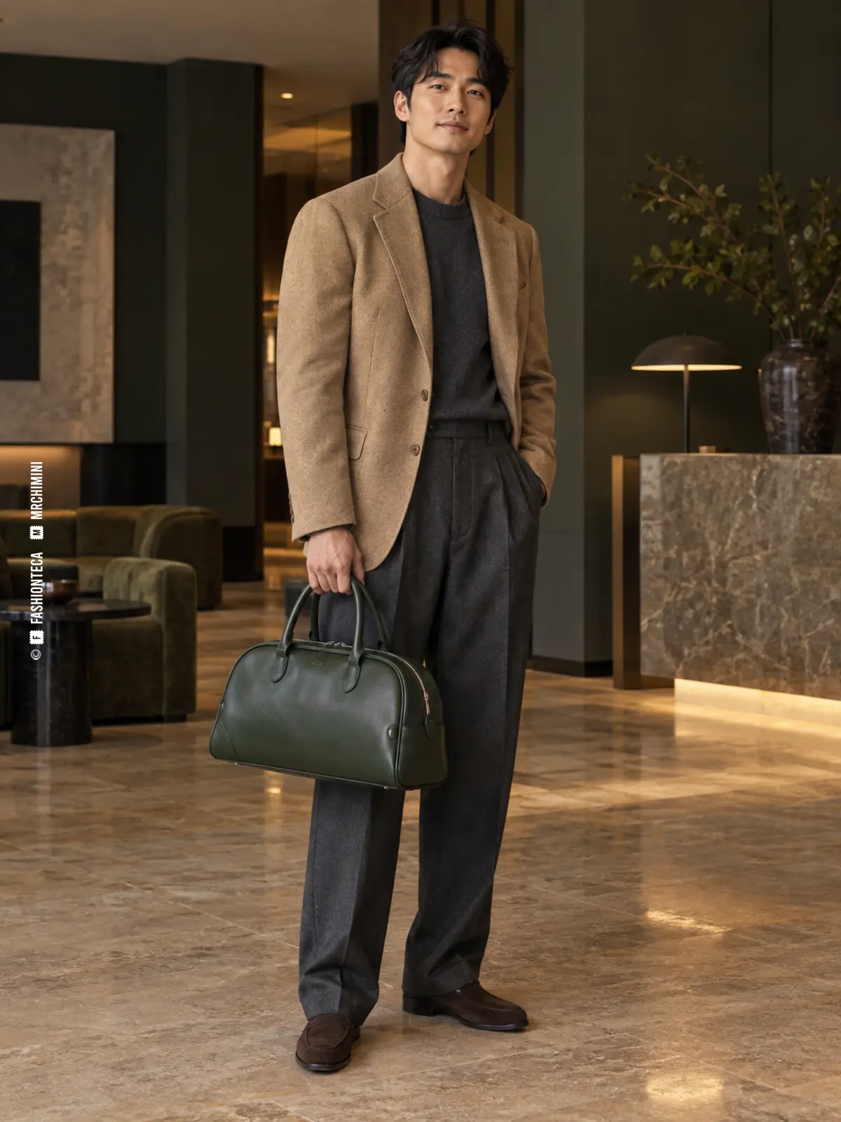 hombre con americana camel llevando un bolso bowling verde oscuro de base alargada, techo curvo y dos asas