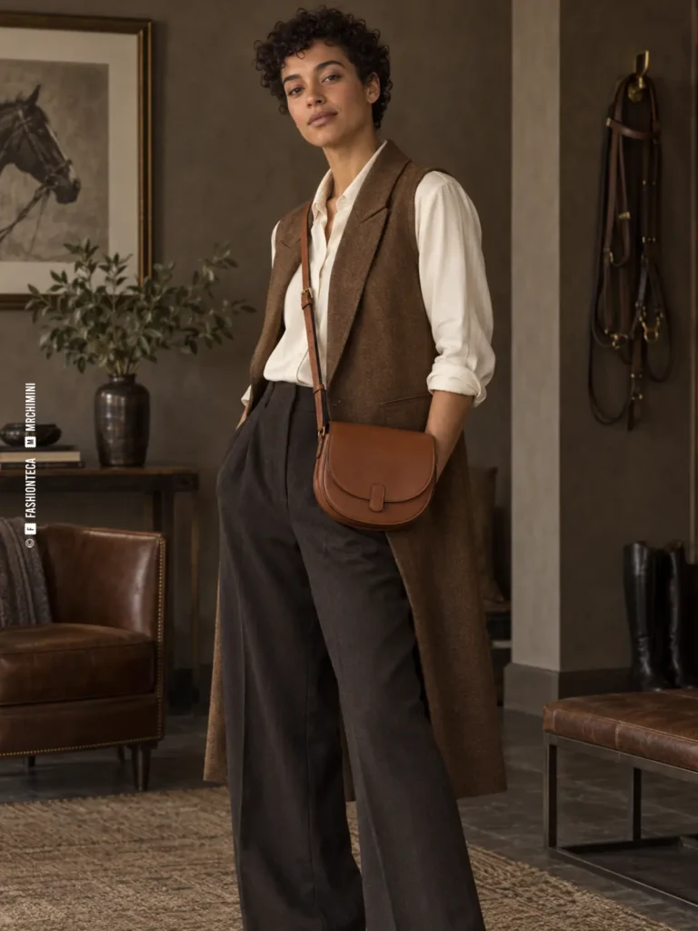 modelo con chaleco marrón llevando cruzado un bolso sillín de piel camel con base redondeada y solapa