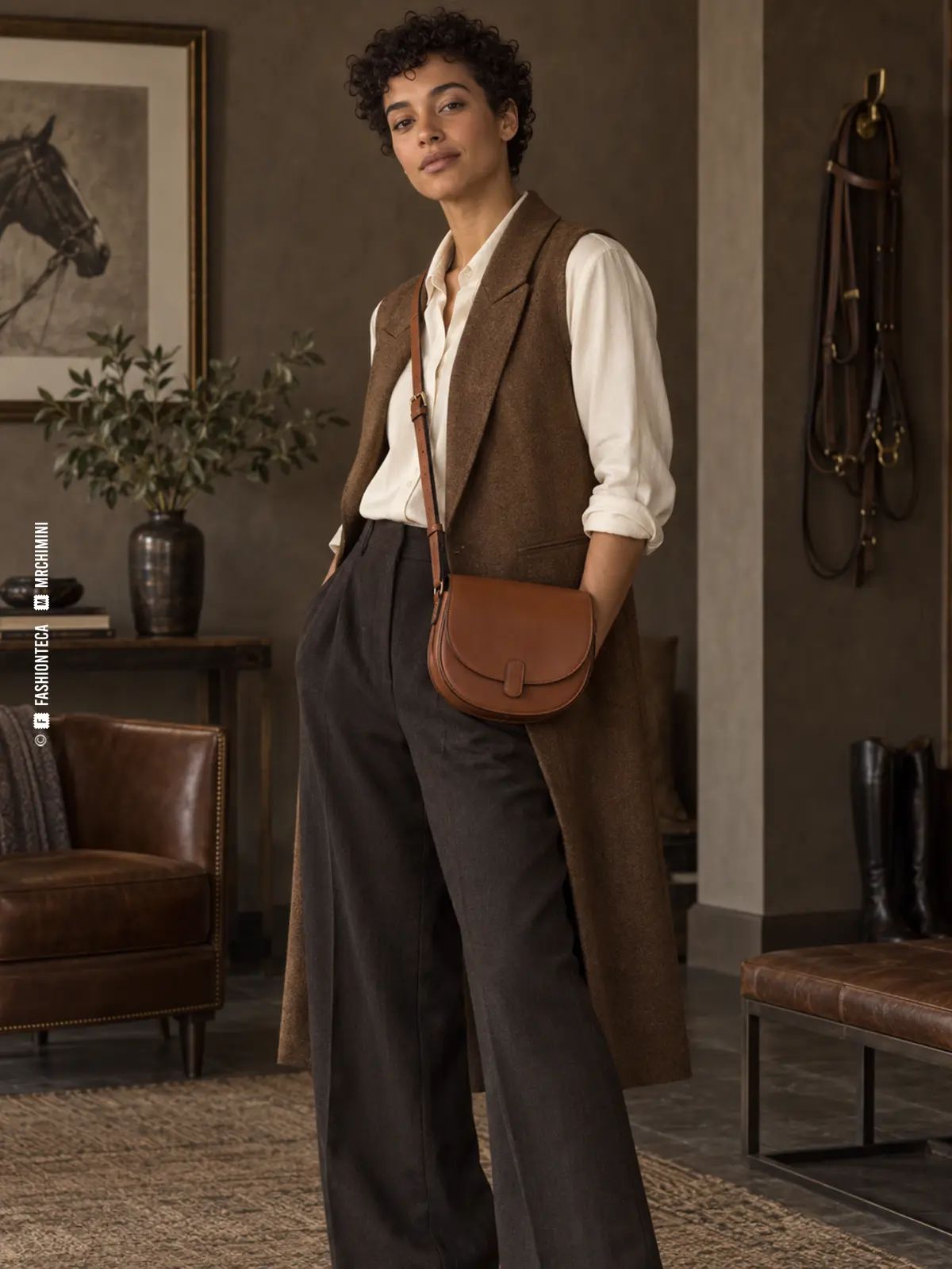modelo con chaleco marrón llevando cruzado un bolso sillín de piel camel con base redondeada y solapa