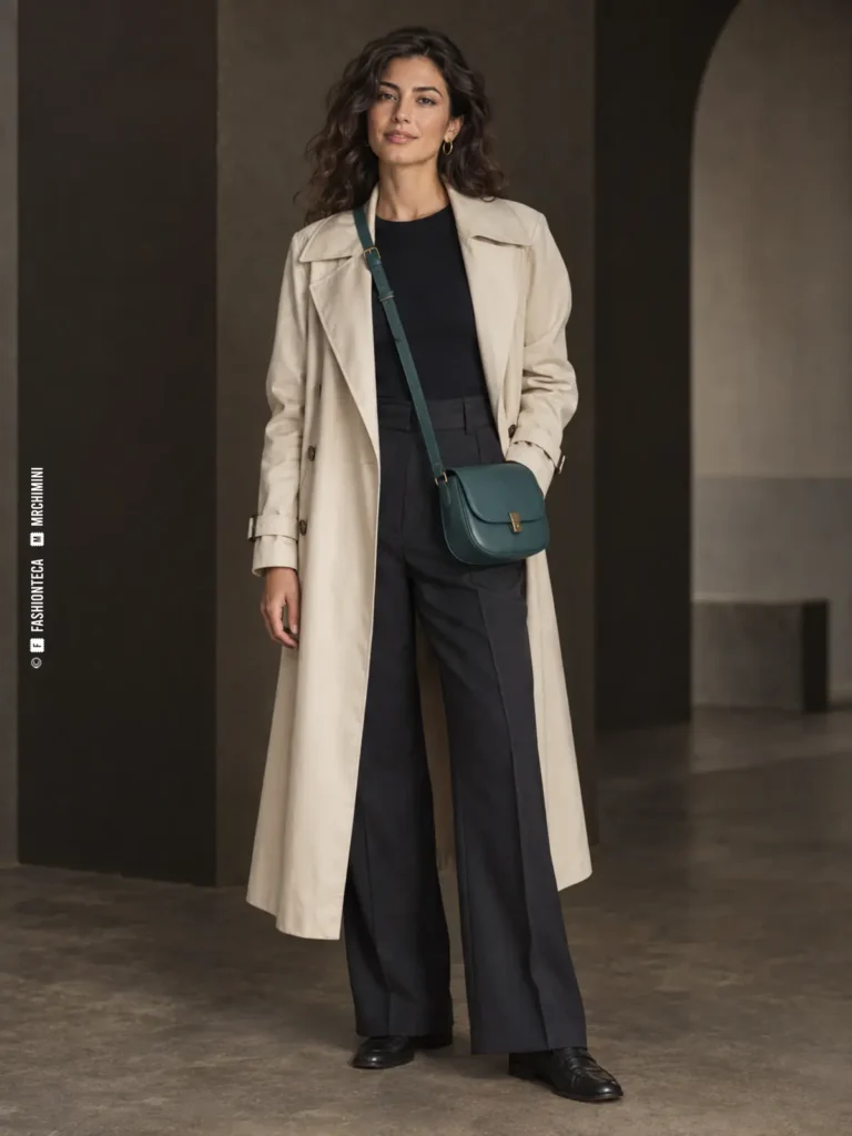 mujer con gabardina crema llevando cruzado un bolso bandolera rectangular verde petróleo