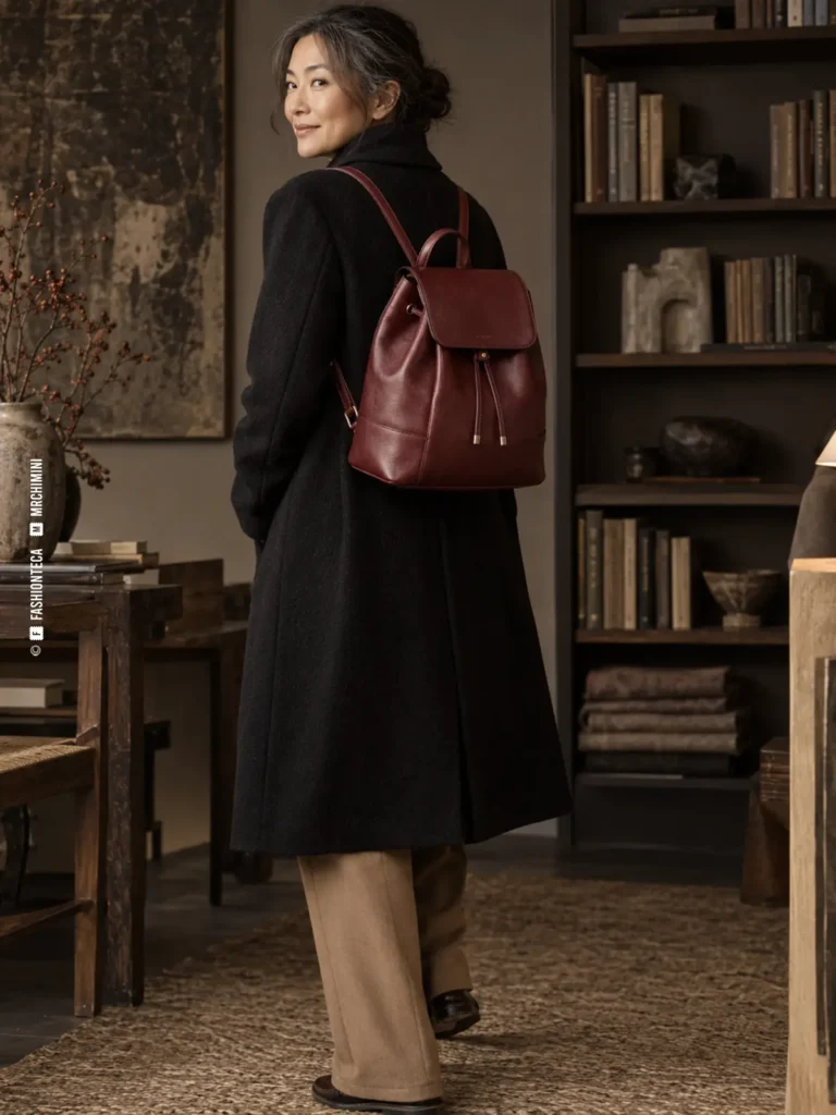 mujer madura vista en tres cuartos de espalda con mochila de piel color oxblood y dos tirantes