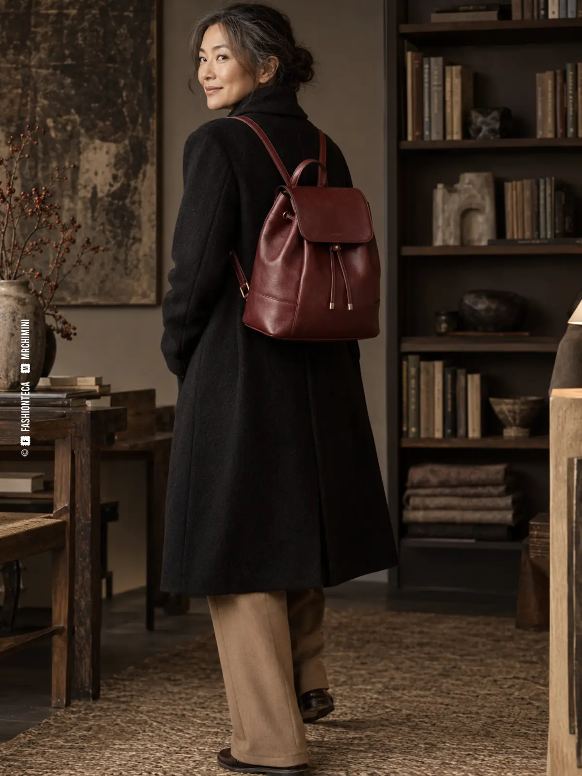MOCHILA — FASHIONTECA™ mujer madura vista en tres cuartos de espalda con mochila de piel color oxblood y dos tirantes