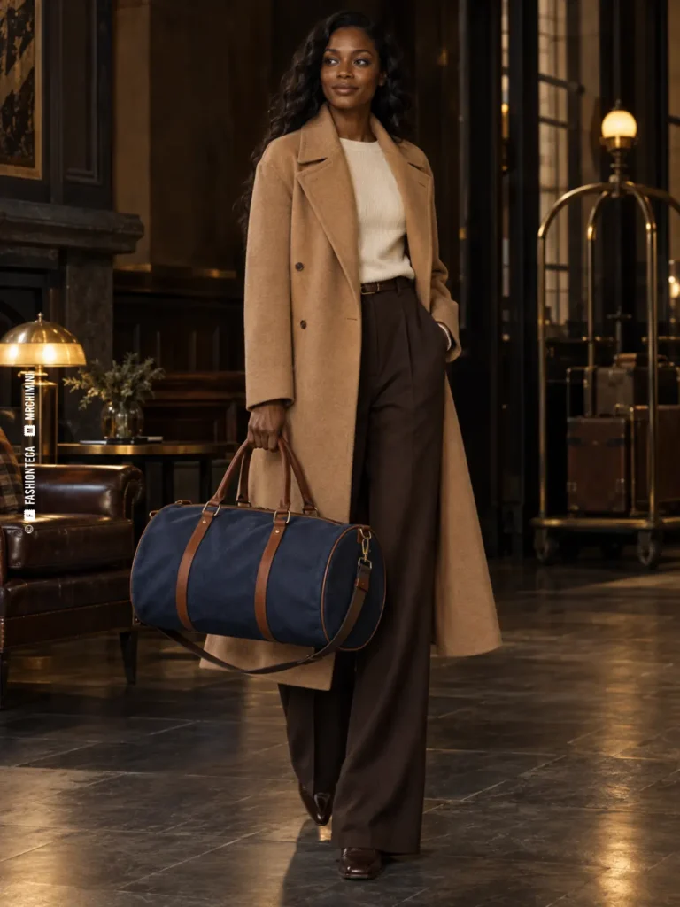 mujer con abrigo camel llevando una bolsa duffel cilíndrica de lona azul marino con asas de piel coñac