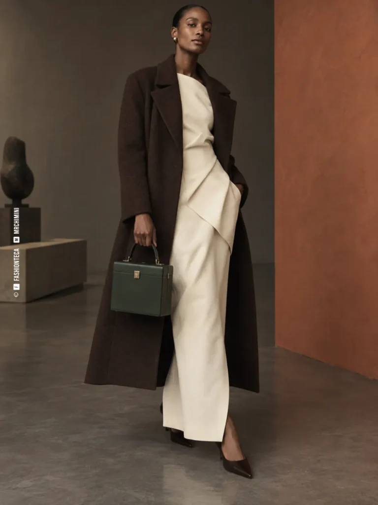 mujer con vestido crema y abrigo oscuro llevando un bolso caja verde bosque de asa superior