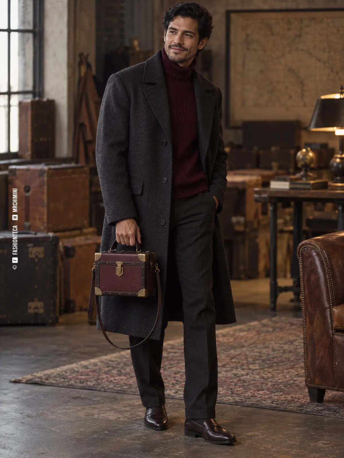 BOLSO BAÚL — FASHIONTECA™ hombre con abrigo oscuro llevando un bolso baúl pequeño color burdeos con asa y correa