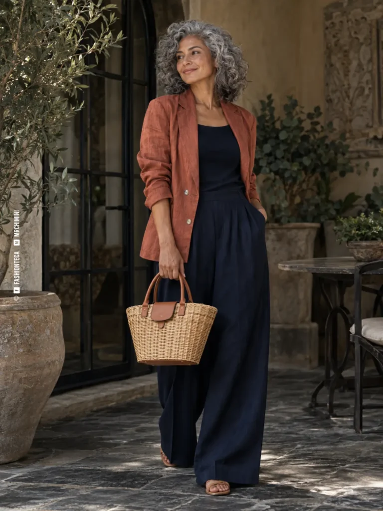 mujer madura con chaqueta terracota llevando un bolso cesta de fibra natural con asas de piel