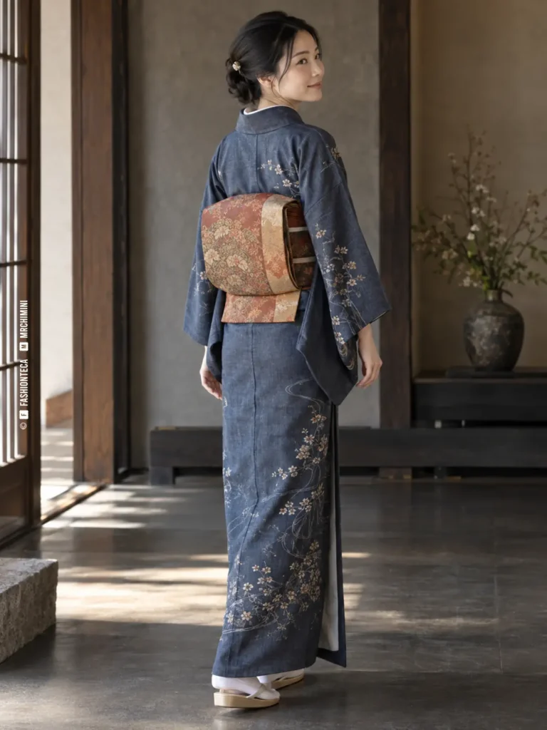 mujer japonesa vista de espaldas con kimono azul índigo y obi de brocado ocre anudado en forma taiko