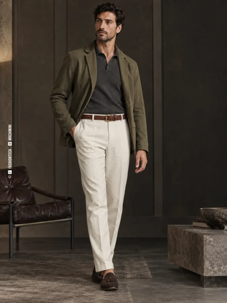 hombre con pantalón crema y cinturón de piel cognac trenzada con hebilla de latón
