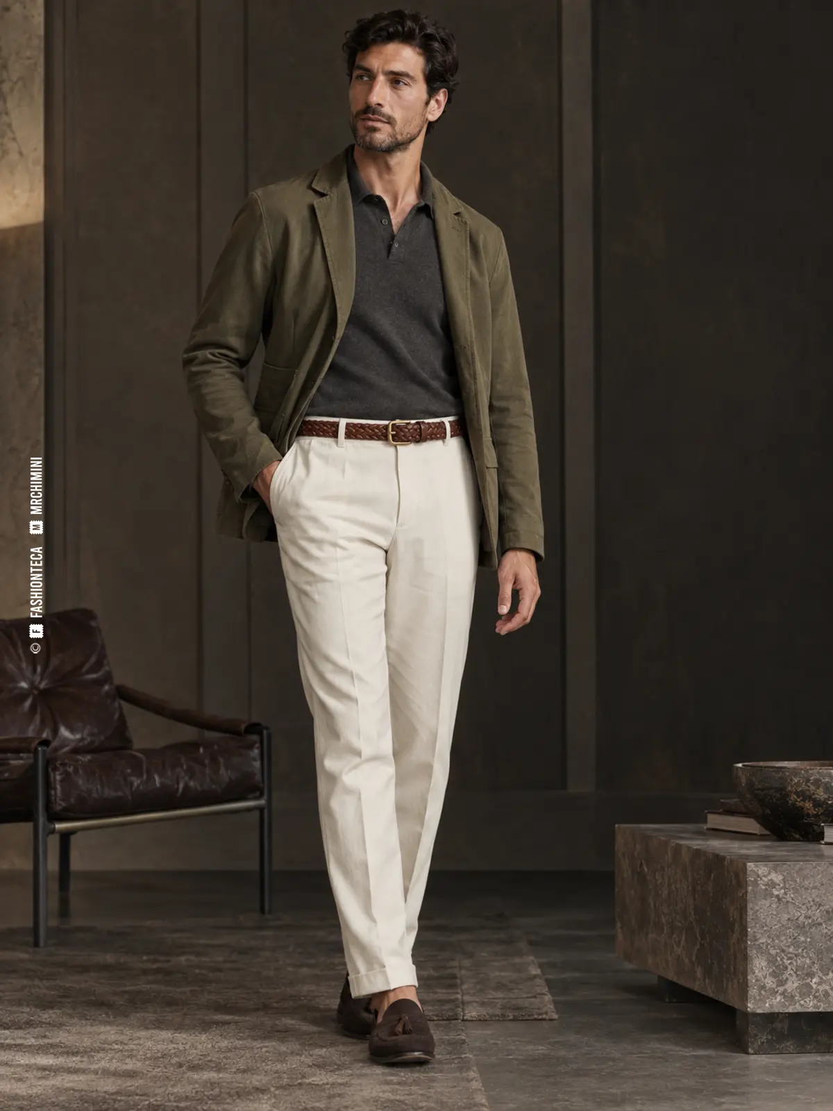 hombre con pantalón crema y cinturón de piel cognac trenzada con hebilla de latón