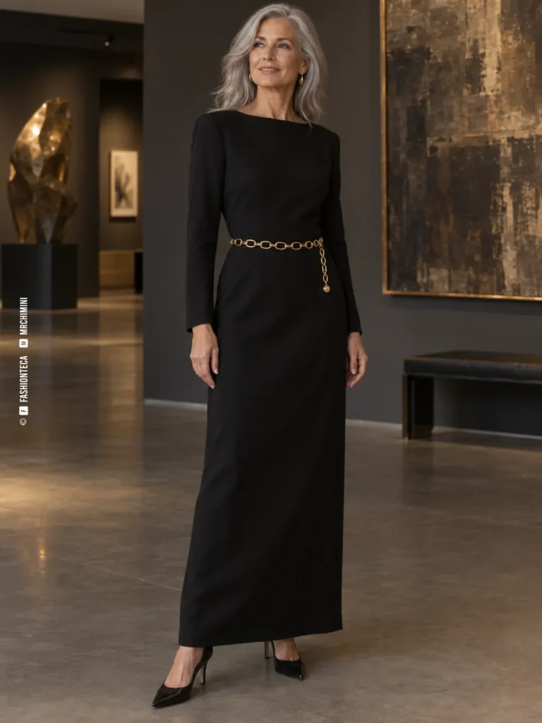 mujer de cabello plateado con vestido negro y cinturón de cadena dorada sobre la cintura