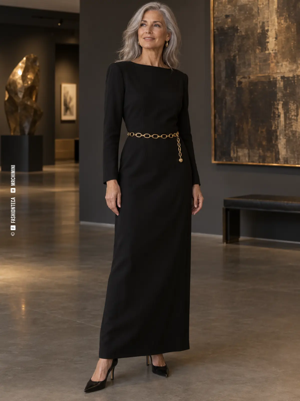 mujer de cabello plateado con vestido negro y cinturón de cadena dorada sobre la cintura