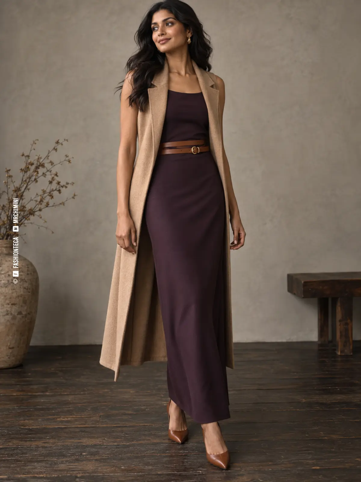 CINTURÓN DE DOBLE VUELTA — FASHIONTECA™ mujer con vestido berenjena llevando un único cinturón fino de piel cognac rodeado dos veces