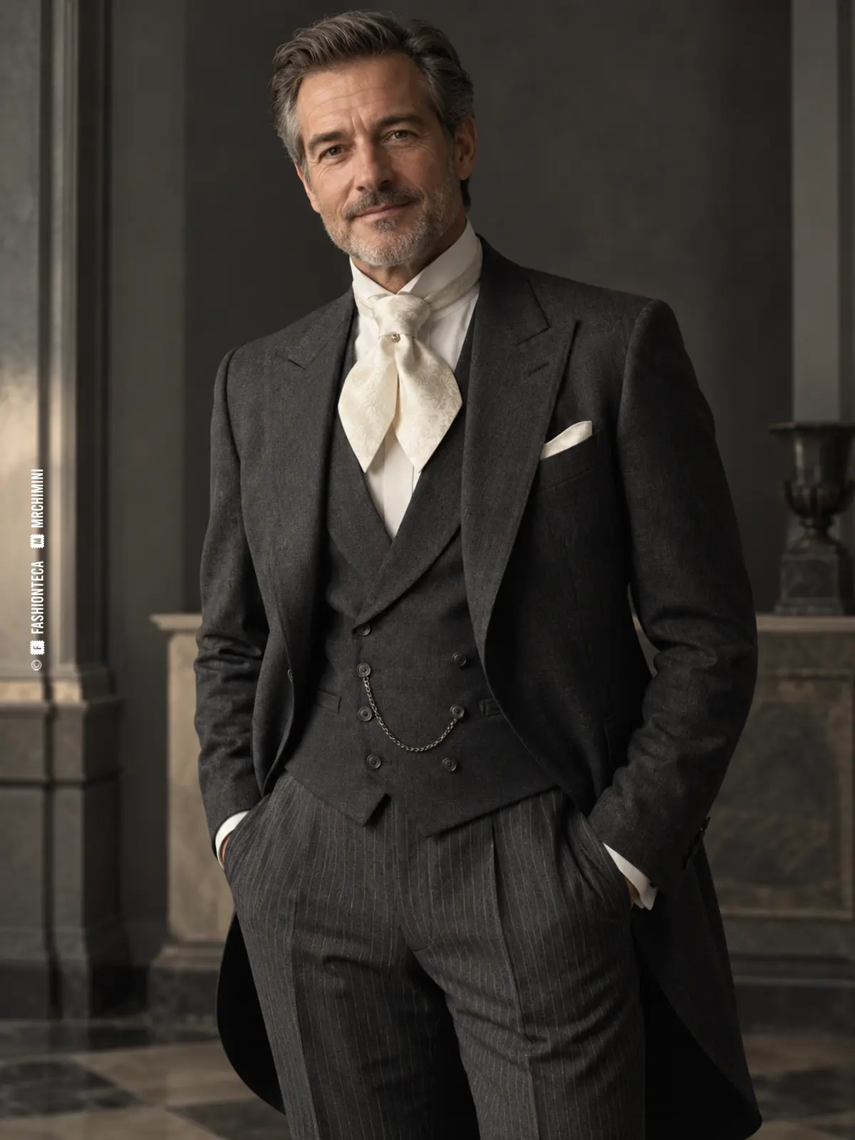 hombre con chaqué gris marengo, camisa marfil y ascot de seda claro sujeto con alfiler