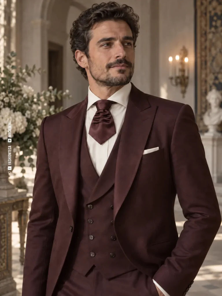 novio con traje burdeos, camisa marfil y corbanda de ceremonia fruncida y corta