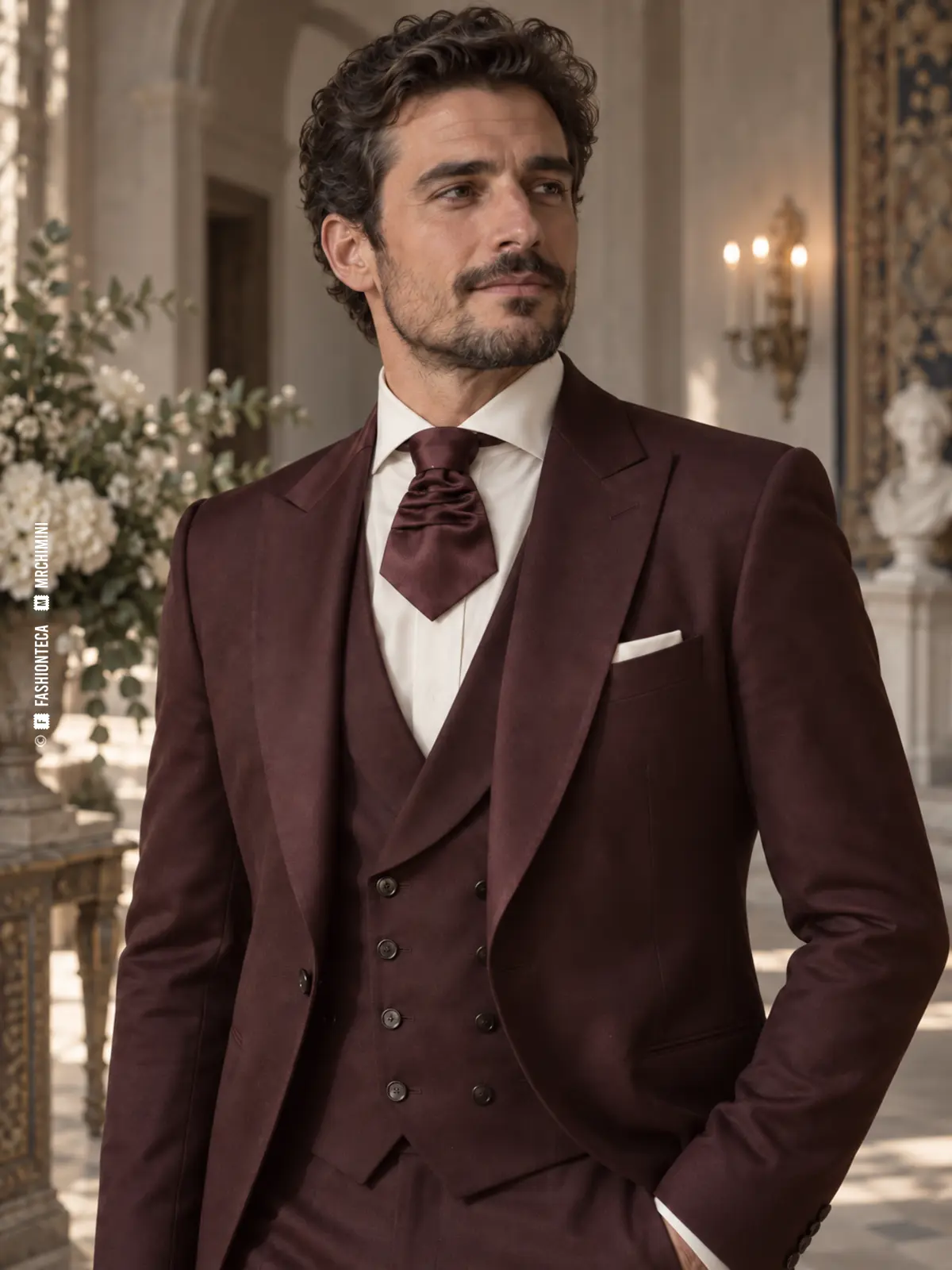 novio con traje burdeos, camisa marfil y corbanda de ceremonia fruncida y corta