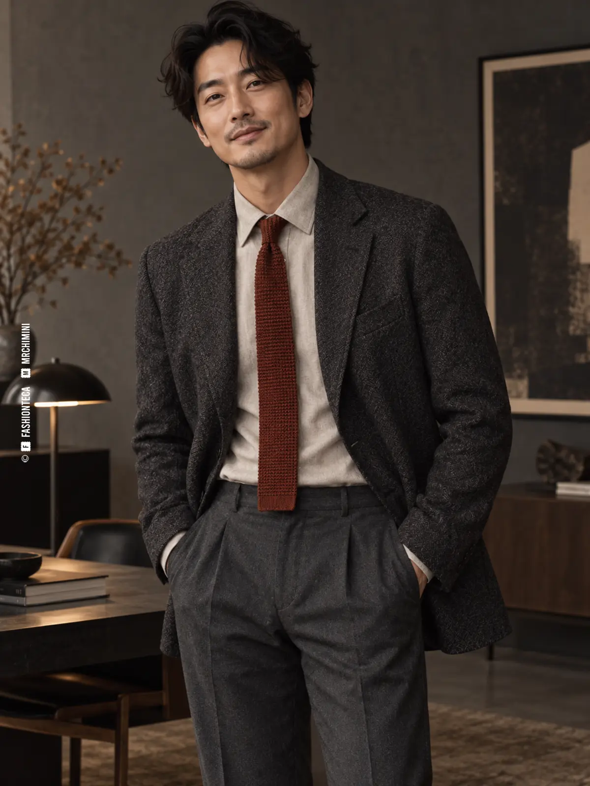 hombre con sastrería gris y corbata de punto color óxido de textura marcada y pala recta
