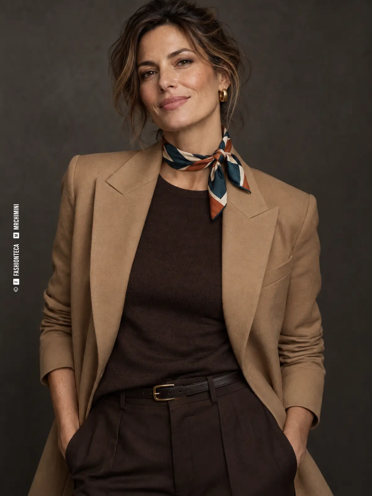 mujer con americana camel y pequeño pañuelo de seda geométrico plegado y anudado al cuello