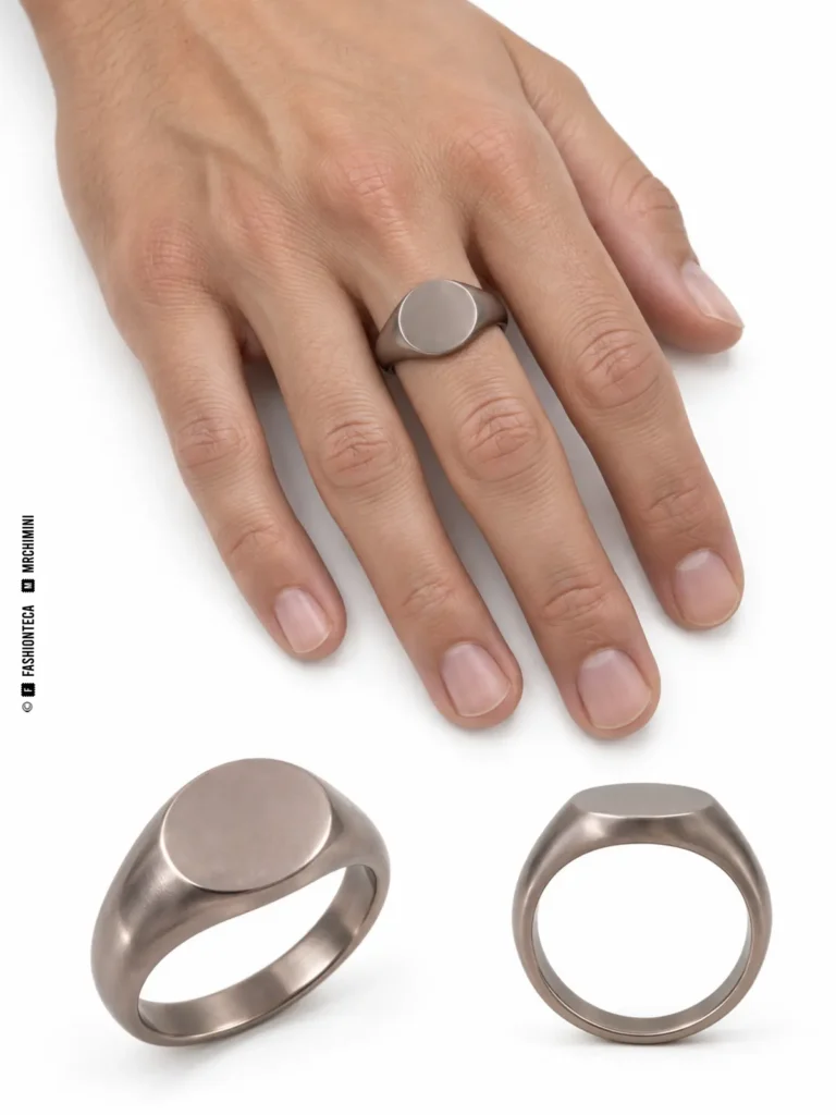 Anillo de sello oval sobre una mano y dos vistas de su aro y perfil