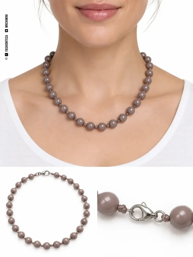 Collar de cuentas sin colgante sobre el cuello, vista completa y detalle del cierre
