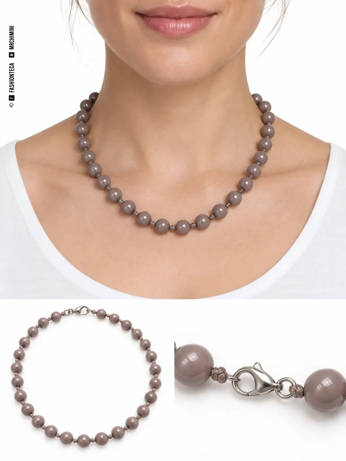 Collar de cuentas sin colgante sobre el cuello, vista completa y detalle del cierre