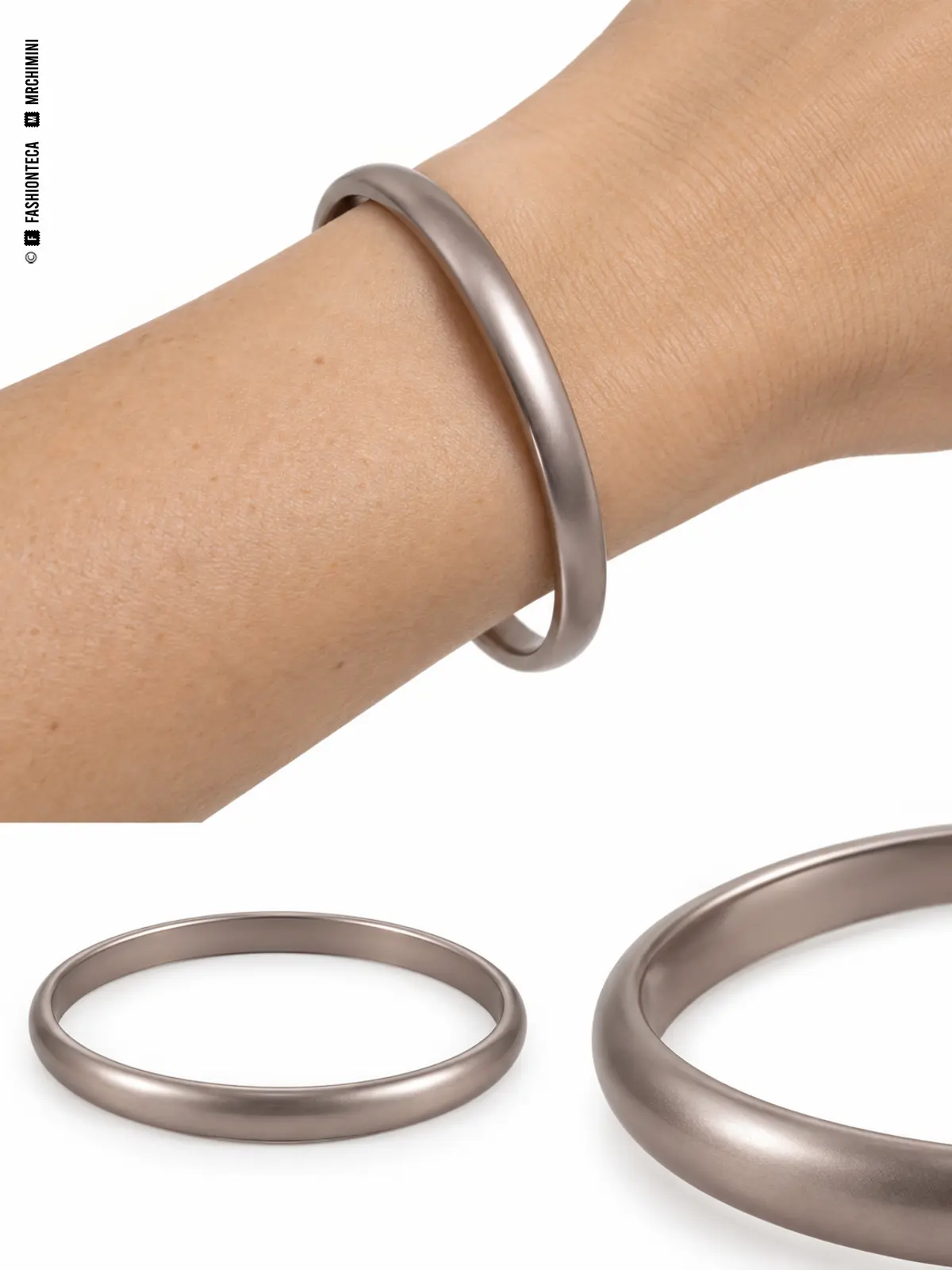 Pulsera rígida cerrada sobre la muñeca, vista del aro completo y detalle del borde