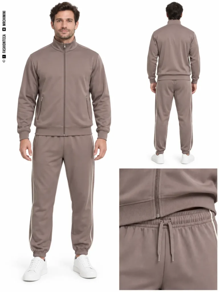 Chándal topo de dos piezas visto de frente y por detrás, con detalle de la chaqueta y la cintura del pantalón