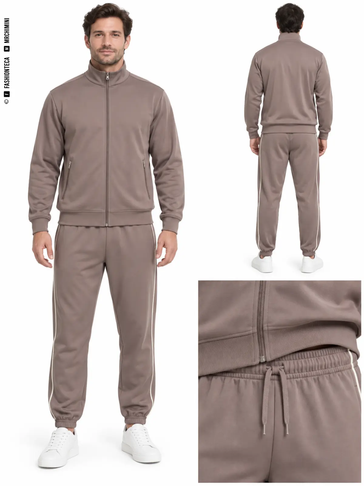 Chándal topo de dos piezas visto de frente y por detrás, con detalle de la chaqueta y la cintura del pantalón
