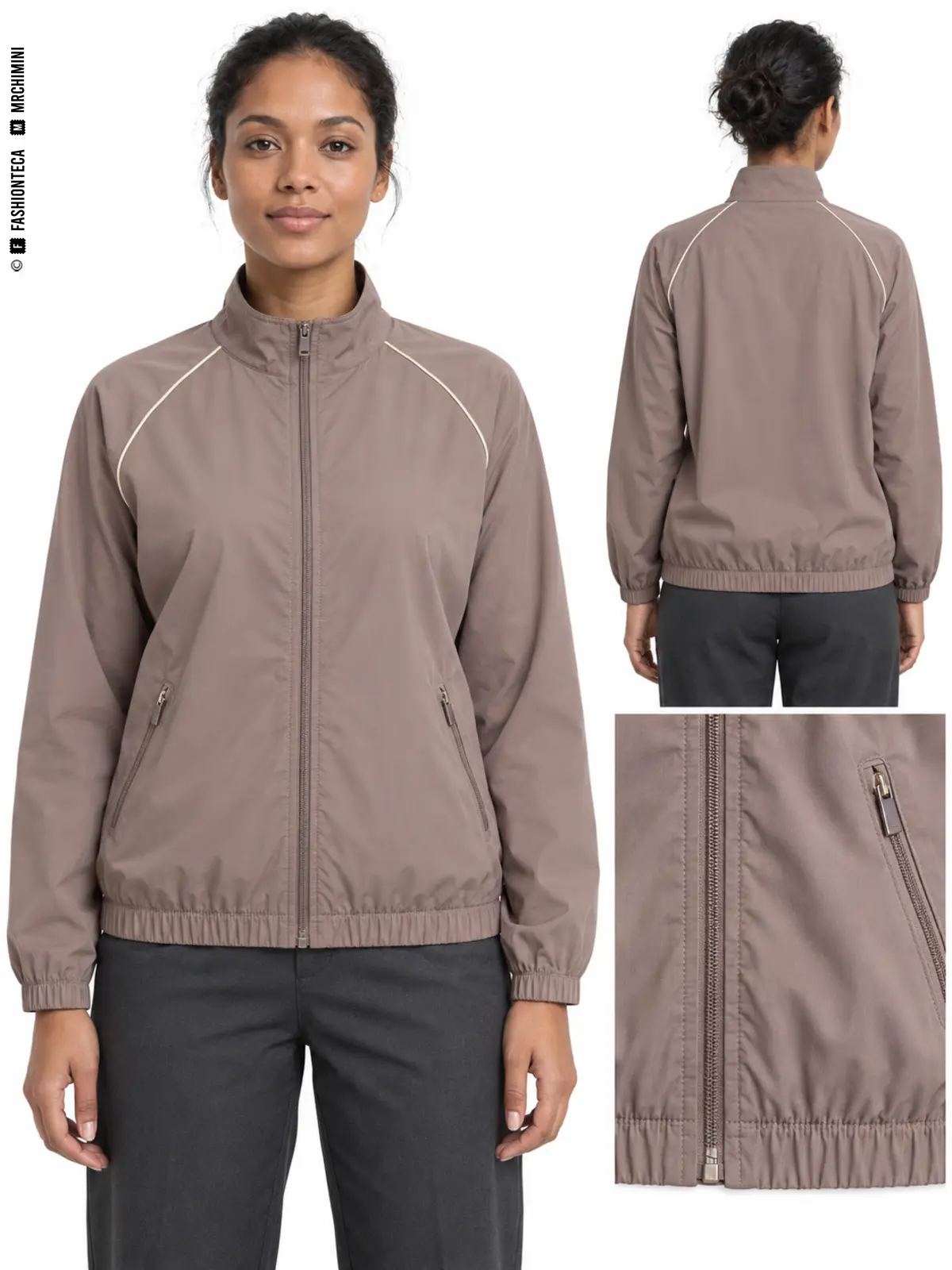 Chaqueta de chándal topo con manga raglán, vistas frontal y posterior y detalle de la cremallera y el bajo elástico