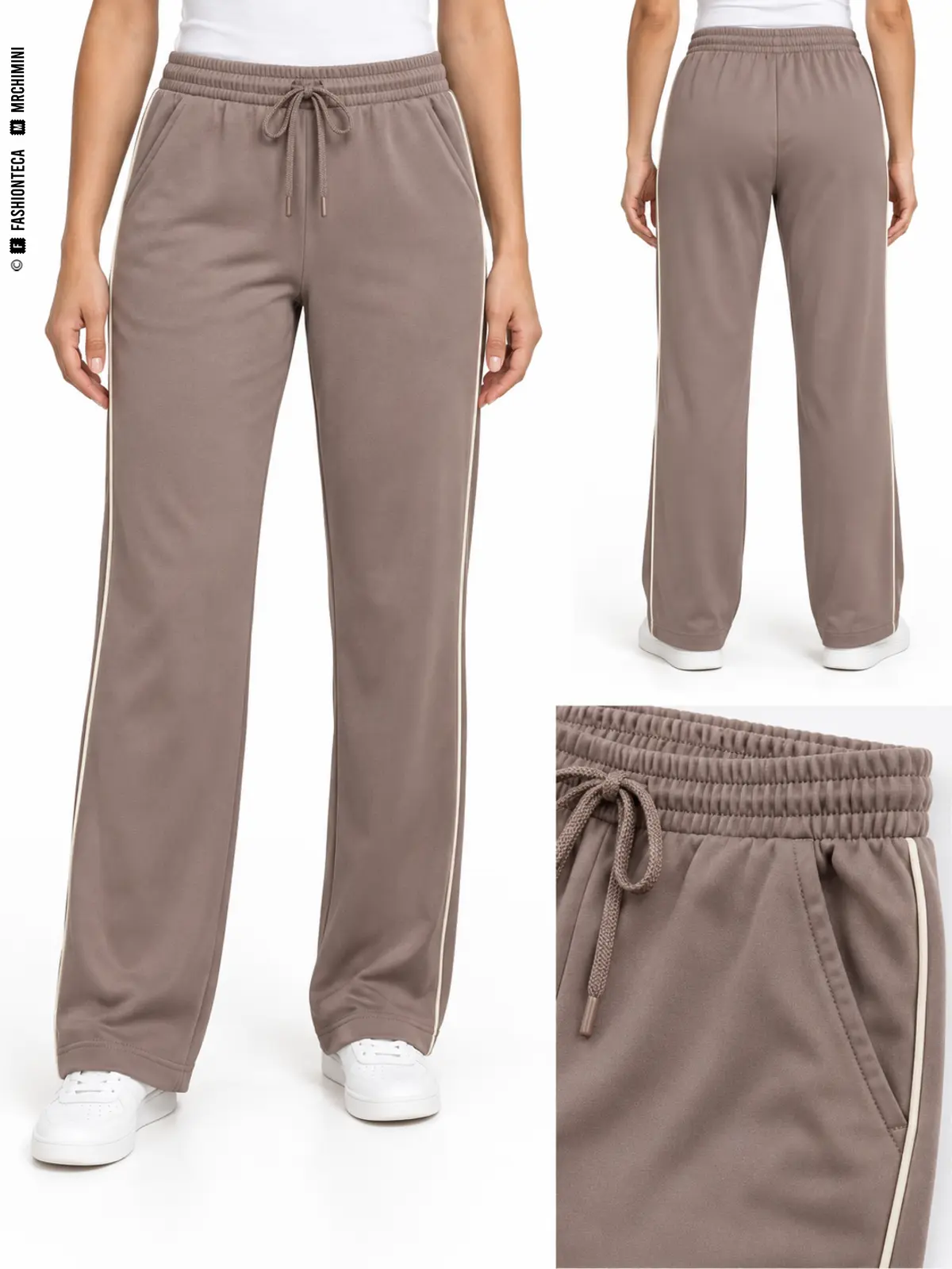Pantalón de chándal topo de pernera recta y bajo libre, visto de frente y por detrás, con detalle de cintura y bolsillo