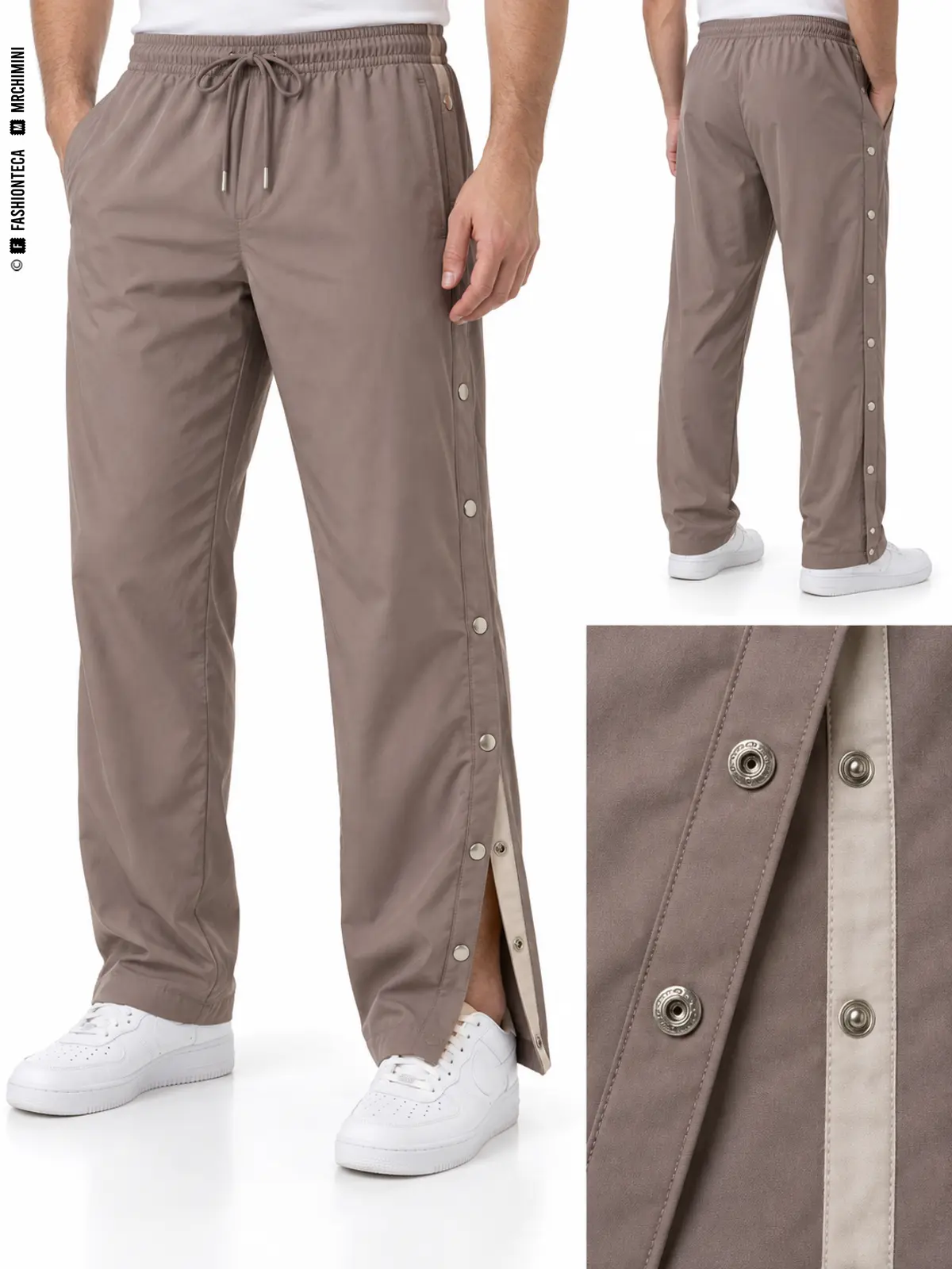 Pantalón topo con automáticos en los costados, abertura junto al bajo y detalle de las dos mitades de los cierres