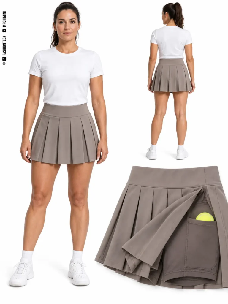 Falda de tenis plisada en tono topo, frente y espalda, con detalle del short interior unido y su bolsillo para pelota